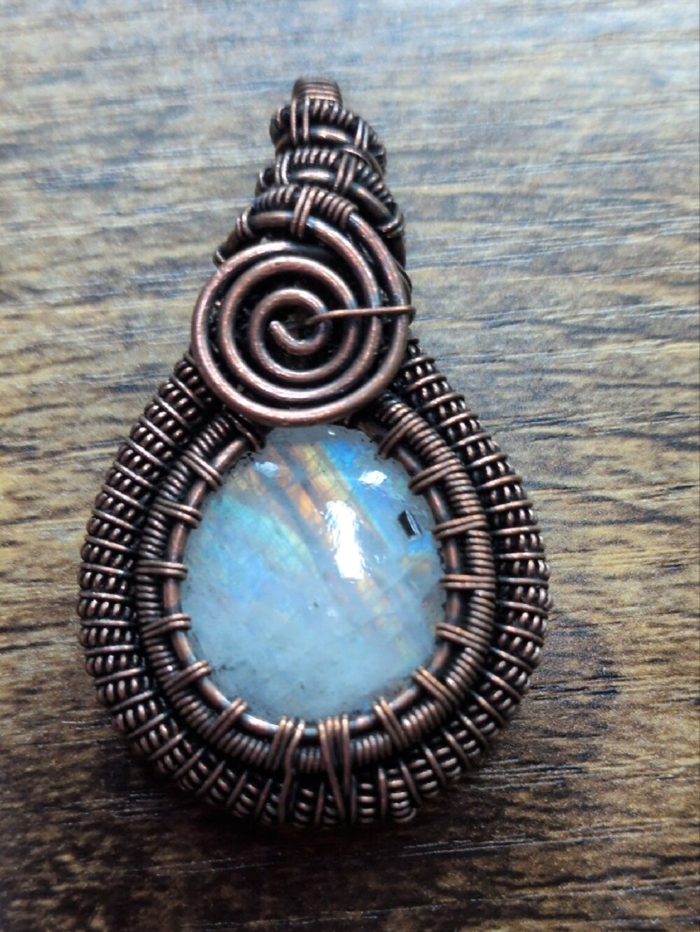Handcrafted Copper Wire Wrapped Moonstone Pendant - White